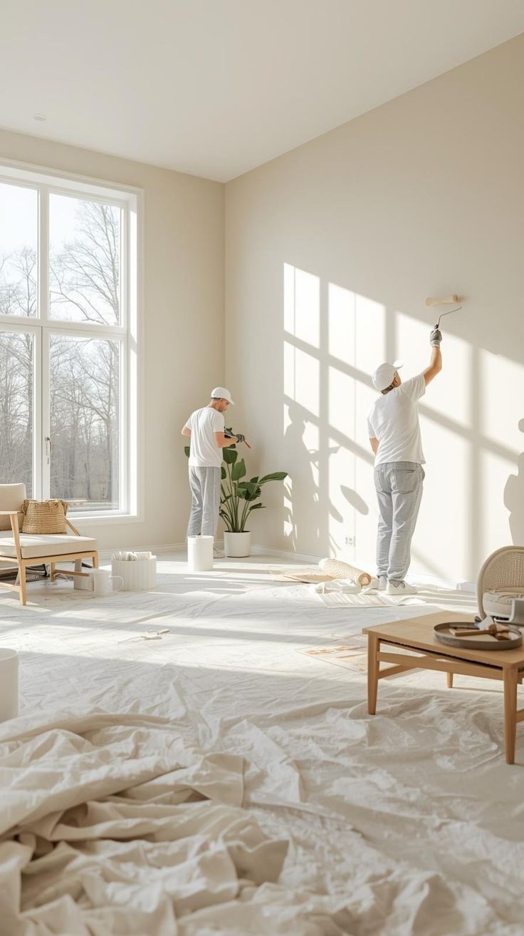 Painting contractors at work on an interior wall